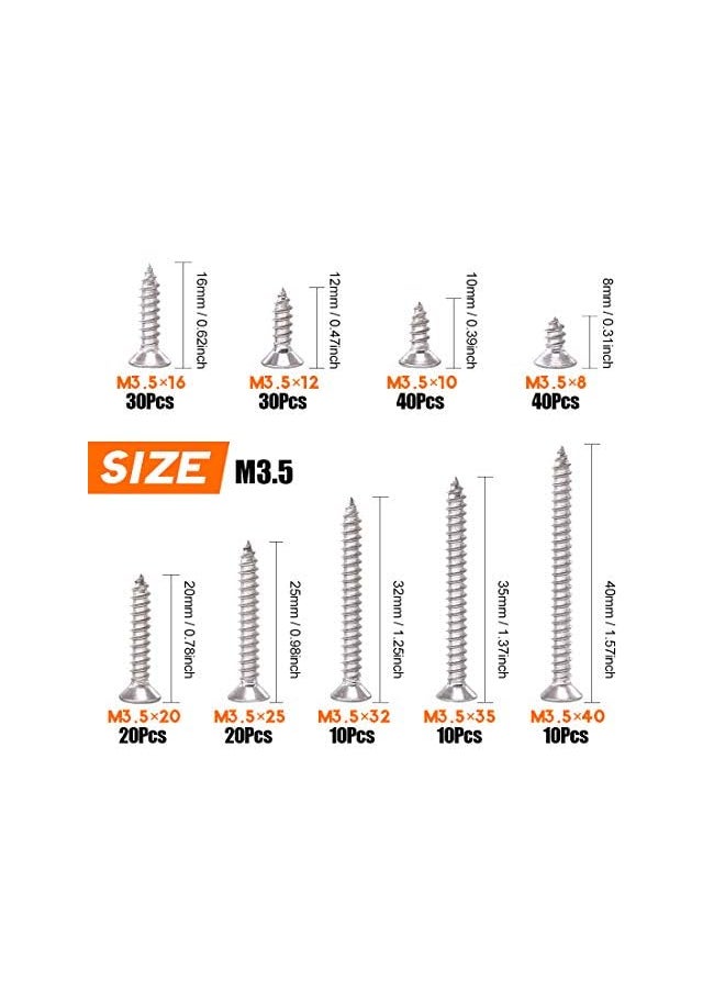 Rustark - 210Pcs [#6 5/16'' to 1/2''] 304 Stainless Steel Flat Head Phillips Cross Wood Screw Drive Self-Drilling Screws Assortment Kit - Image 1