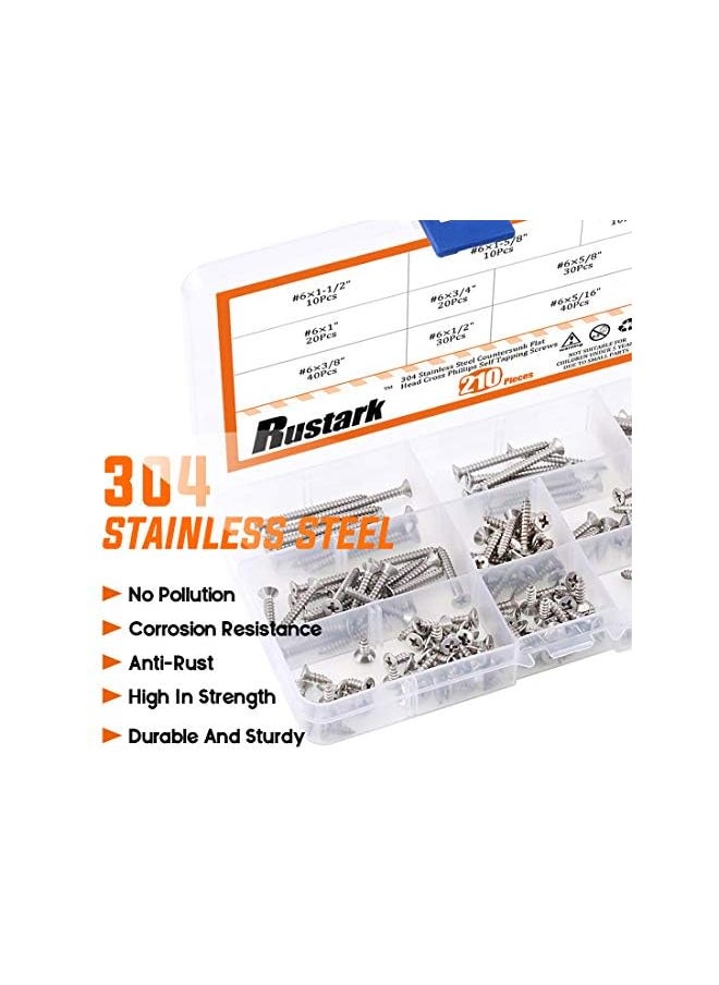 Rustark - 210Pcs [#6 5/16'' to 1/2''] 304 Stainless Steel Flat Head Phillips Cross Wood Screw Drive Self-Drilling Screws Assortment Kit - Image 1