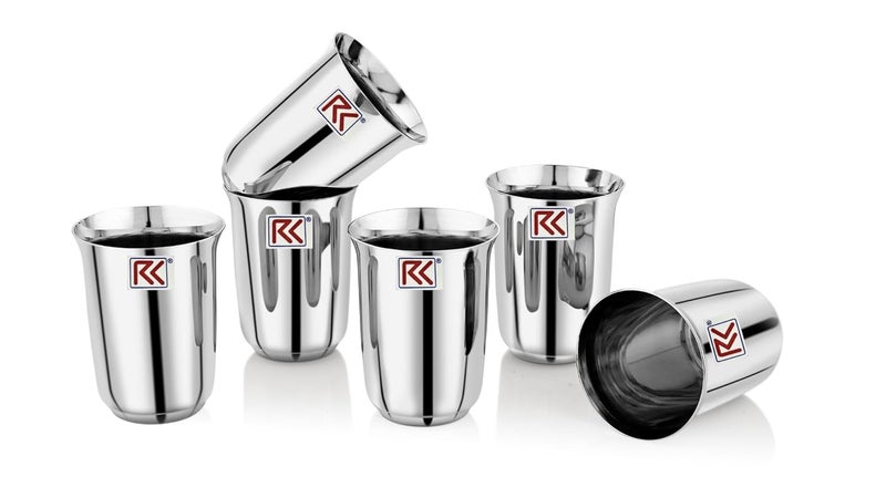 RK SAIBA 7 Premium Stainless Steel Deep Royal Touch Finish Tableware Drinkware Tumbler Drinking Glasses for Home, Restaurants, Office Capacity 300Ml - (Set of 6 Silver) - Image 1