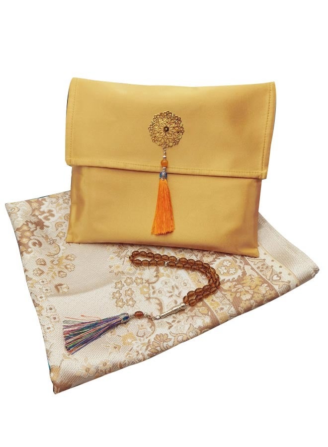 Muslim Prayer Rug and Prayer Beads with Elegant Design Cylinder Gift Box | Janamaz | Sajadah | Soft Islamic Prayer Rug | Islamic Gifts Set | Prayer Carpet Mat, Taffeta Fabric  - Image 1