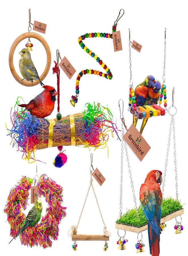 GREENBIRDS 7 Pack Bird Colorful Chewing Toys Perchs, Swings, Ring, Parrot Foraging Shredder Toys for Bird & Parrot - Image 1