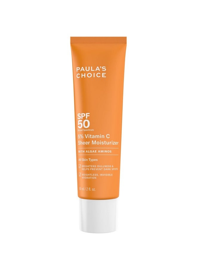 PAULA'S CHOICE - Paula’s Choice 5% Vitamin C Sheer Moisturizer SPF 50, Lightweight Invisible Broad-Spectrum Sunscreen, Brightens Dullness, Prevents Dark Spots, For All Skin Types Including Blemish-Prone, 2 Fl Oz. - Image 1