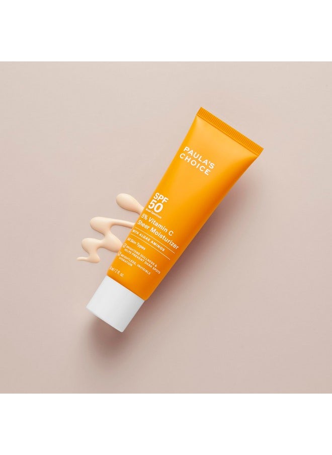 PAULA'S CHOICE - Paula’s Choice 5% Vitamin C Sheer Moisturizer SPF 50, Lightweight Invisible Broad-Spectrum Sunscreen, Brightens Dullness, Prevents Dark Spots, For All Skin Types Including Blemish-Prone, 2 Fl Oz. - Image 1
