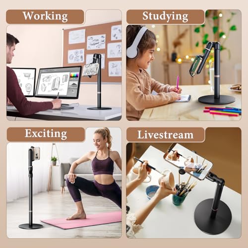 WISFISSH Height/Angle Adjustable Phone Holder, 10"-25" Retractable Tall Phone Stand for Desk,720°Rotatable+180flip Phone Holder Stand for Video Calls Kitchen Table Office Etc -Clip Type - Image 4