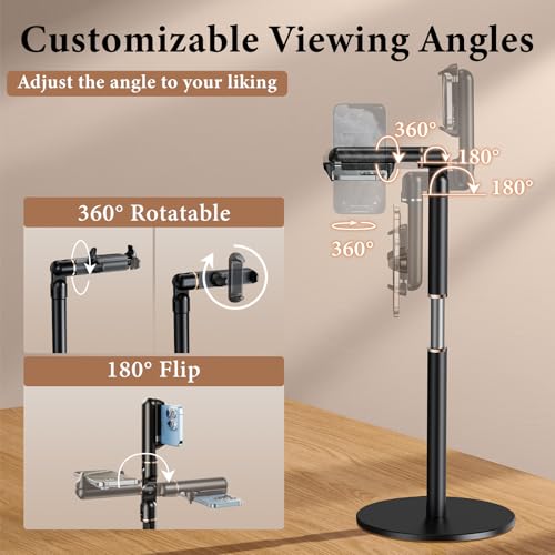 WISFISSH Height/Angle Adjustable Phone Holder, 10"-25" Retractable Tall Phone Stand for Desk,720°Rotatable+180flip Phone Holder Stand for Video Calls Kitchen Table Office Etc -Clip Type - Image 2