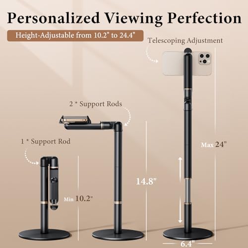 WISFISSH Height/Angle Adjustable Phone Holder, 10"-25" Retractable Tall Phone Stand for Desk,720°Rotatable+180flip Phone Holder Stand for Video Calls Kitchen Table Office Etc -Clip Type - Image 3
