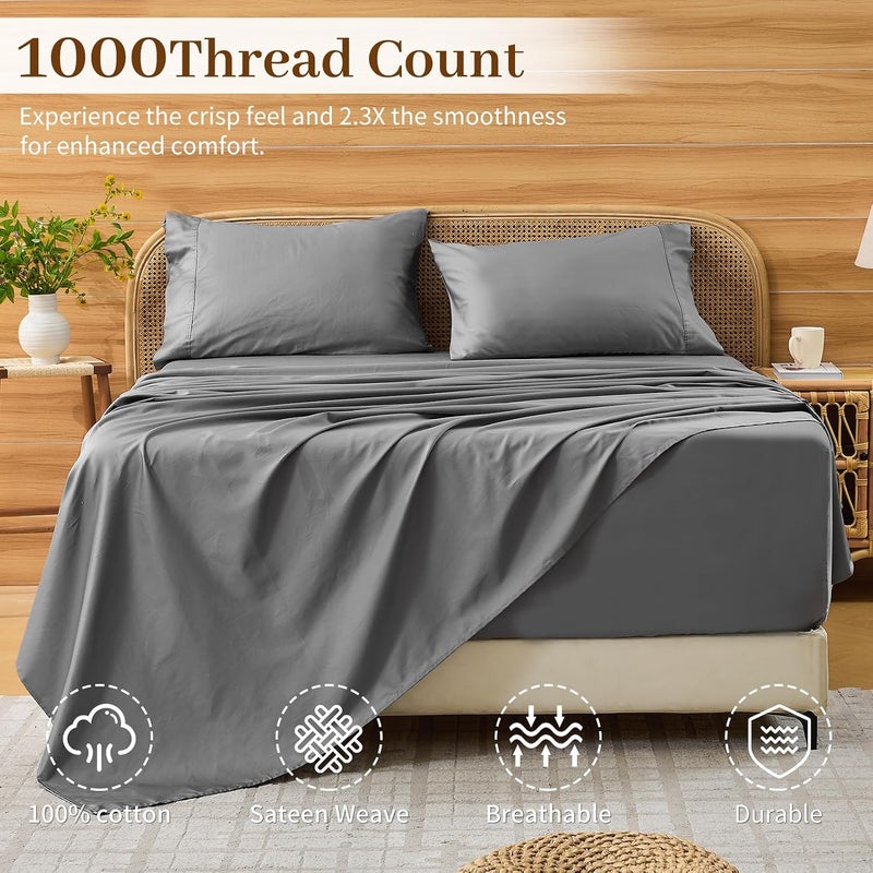 أغطية ذات الجيوب العميقة 18-24 بوصة، مقاس كينغ، قطن مصري 1000 خيط، 4 قطع - تناسب المراتب السميكة جدًا، تبريد وتهوية (رمادي فاتح) - Image 2