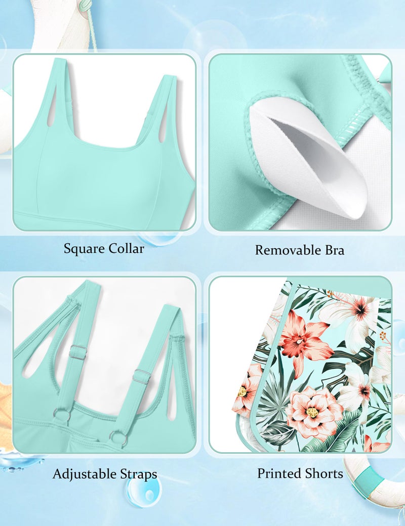 Aulyffo Bathing Suits for Tweens 12-14 Teen Swimsuits for Girl 12-14 Girls Tankini Swimsuit Sets Ruched Swim Tank Top with Bottoms and Boyshorts 3PCS Girls' Swimwear Light Blue - Image 5