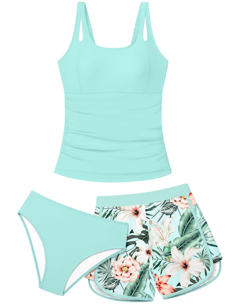 Aulyffo Bathing Suits for Tweens 12-14 Teen Swimsuits for Girl 12-14 Girls Tankini Swimsuit Sets Ruched Swim Tank Top with Bottoms and Boyshorts 3PCS Girls' Swimwear Light Blue - Image 1