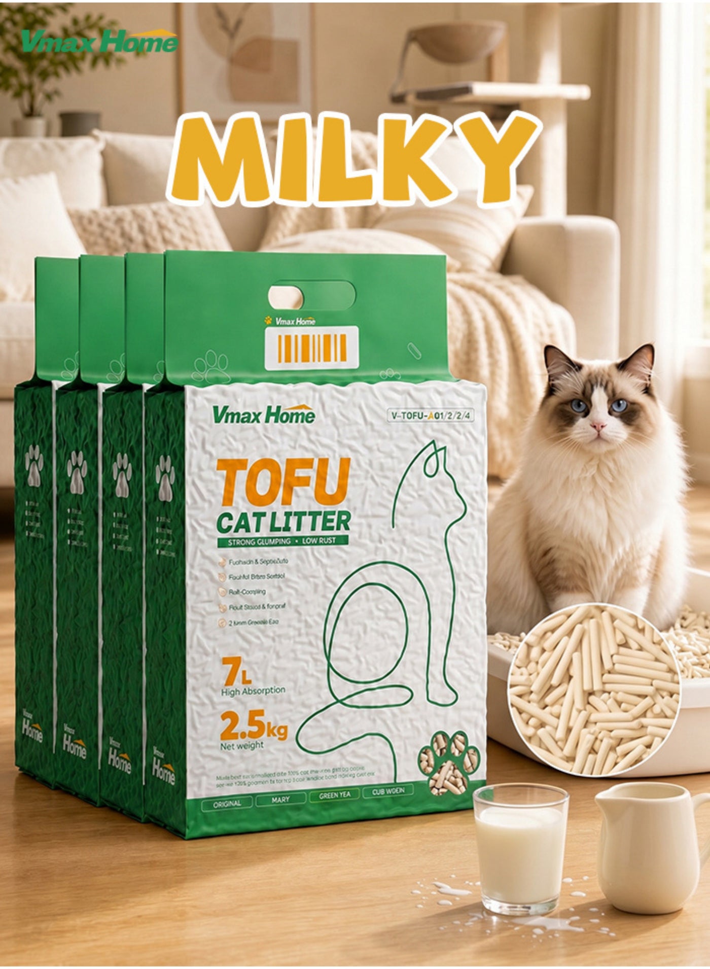Milky Flavor Tofu Cat Litter 4-Pack Bundle | 2.5kg x 4 | Sweet Creamy Aroma | 2mm Low-Tracking Pellets | 7L Absorbency | Fast Clumping & Flushable