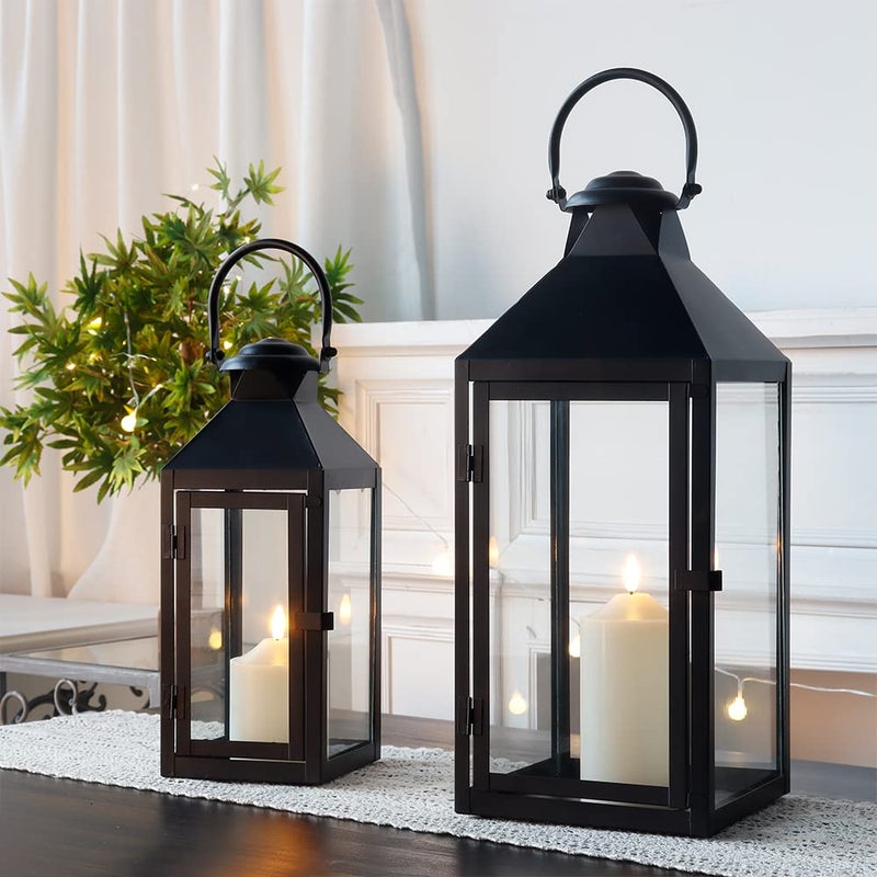 JHY DESIGN Set of 2 Black Decorative Lanterns 17.5inch&13.5inch Metal Candle Lanterns for Indoor Outdoor Events Paritie and Weddings Vintage Style Hanging Lantern - Image 1