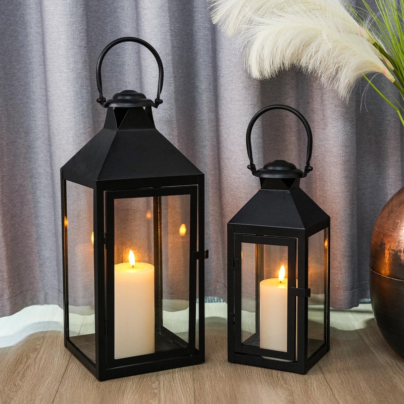 JHY DESIGN Set of 2 Black Decorative Lanterns 17.5inch&13.5inch Metal Candle Lanterns for Indoor Outdoor Events Paritie and Weddings Vintage Style Hanging Lantern - Image 4