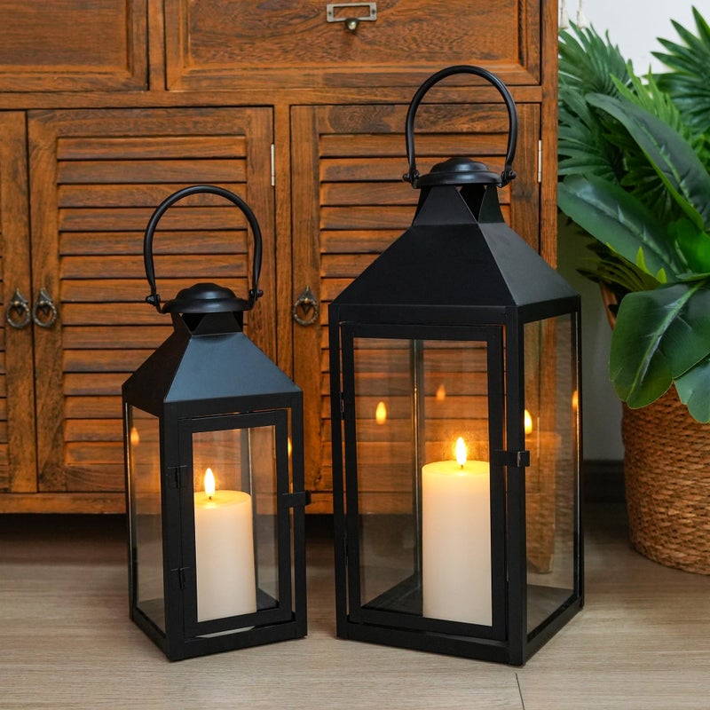 JHY DESIGN Set of 2 Black Decorative Lanterns 17.5inch&13.5inch Metal Candle Lanterns for Indoor Outdoor Events Paritie and Weddings Vintage Style Hanging Lantern - Image 3