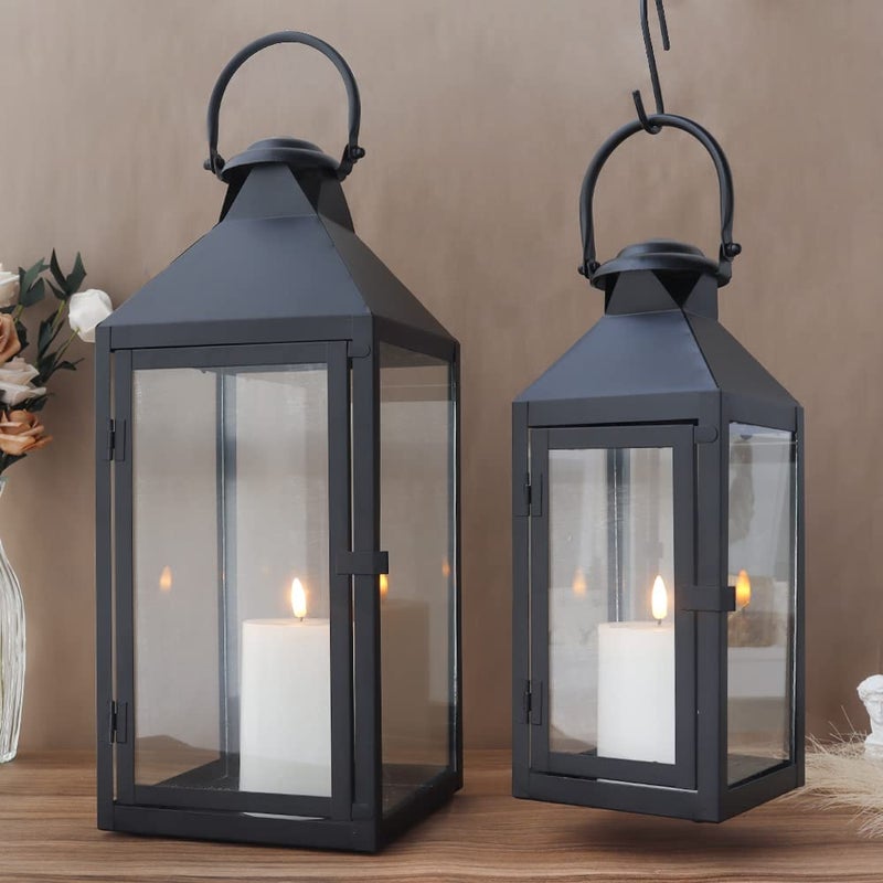 JHY DESIGN Set of 2 Black Decorative Lanterns 17.5inch&13.5inch Metal Candle Lanterns for Indoor Outdoor Events Paritie and Weddings Vintage Style Hanging Lantern - Image 5