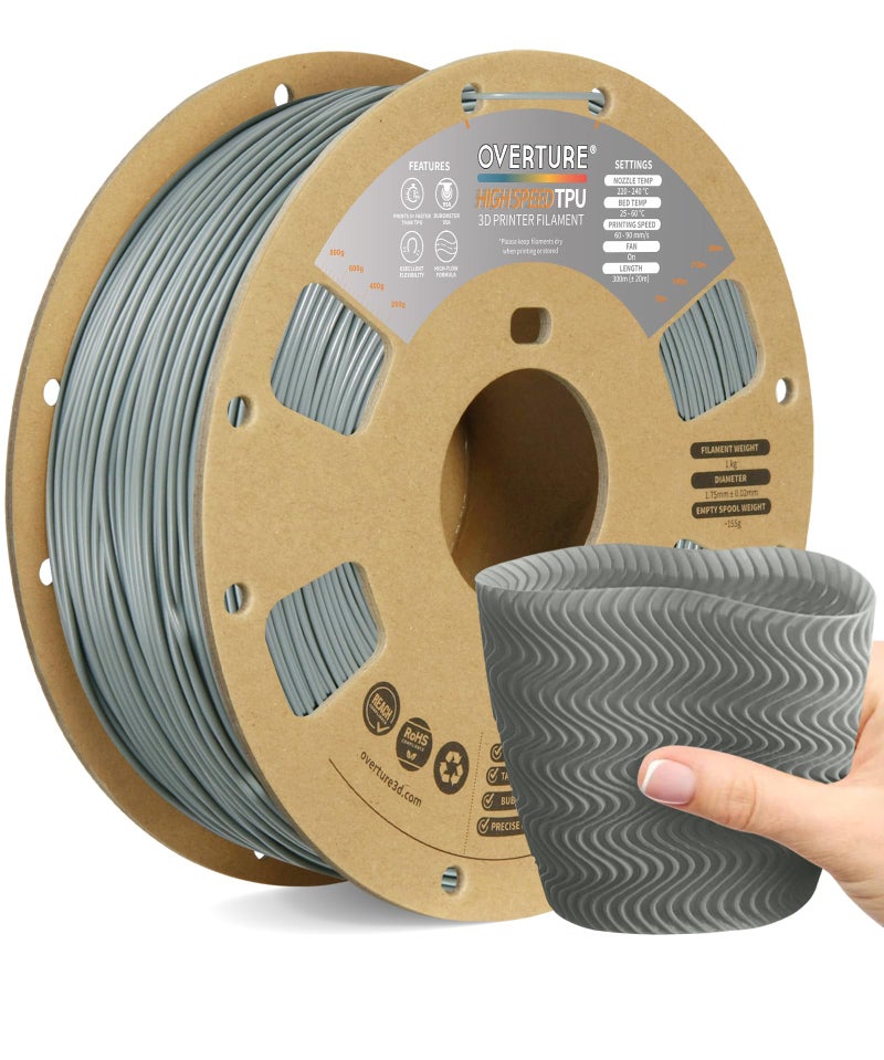 OVERTURE TPU High Speed Filament 1.75mm Flexible Roll, 95A Soft 3D Printer Filament, 1kg Spool (2.2 lbs), Fit Most FDM Printer (HS TPU Gray) - Image 1