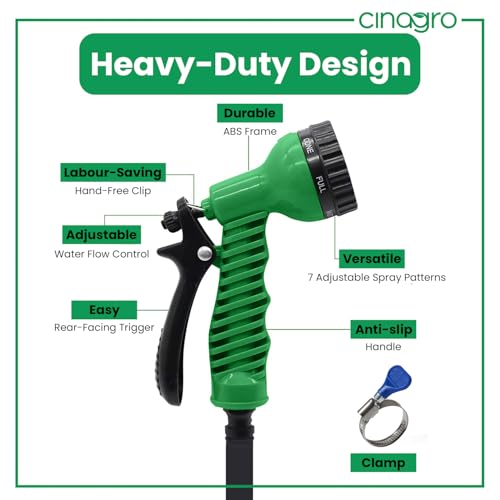 Cinagro Garden Hose 7 Pattern High Pressure Garden Hose Nozzle Spray Gun, Pressure Control Valve, 360° Adjustable & Leak Proof, Gardening Washing Water Spray for Plants (with 1 Clamp) - Image 3