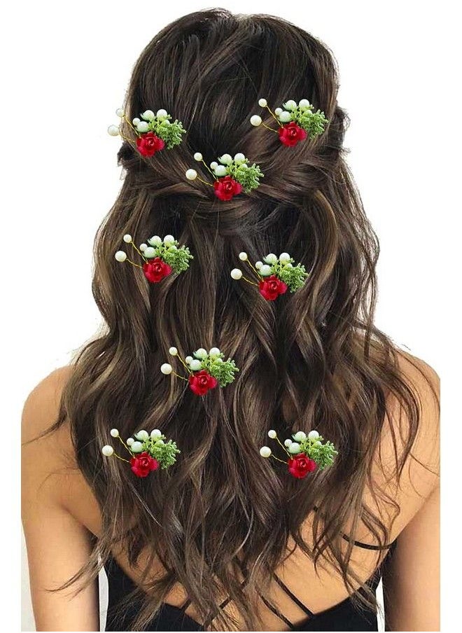 Hair Flare Women Attractive Artificial Small Rose Flower With Mongra Bridal Wedding Hair Accessories/Hair Pins/Juda Pins For Women And Girls 2231 Red  - Image 1