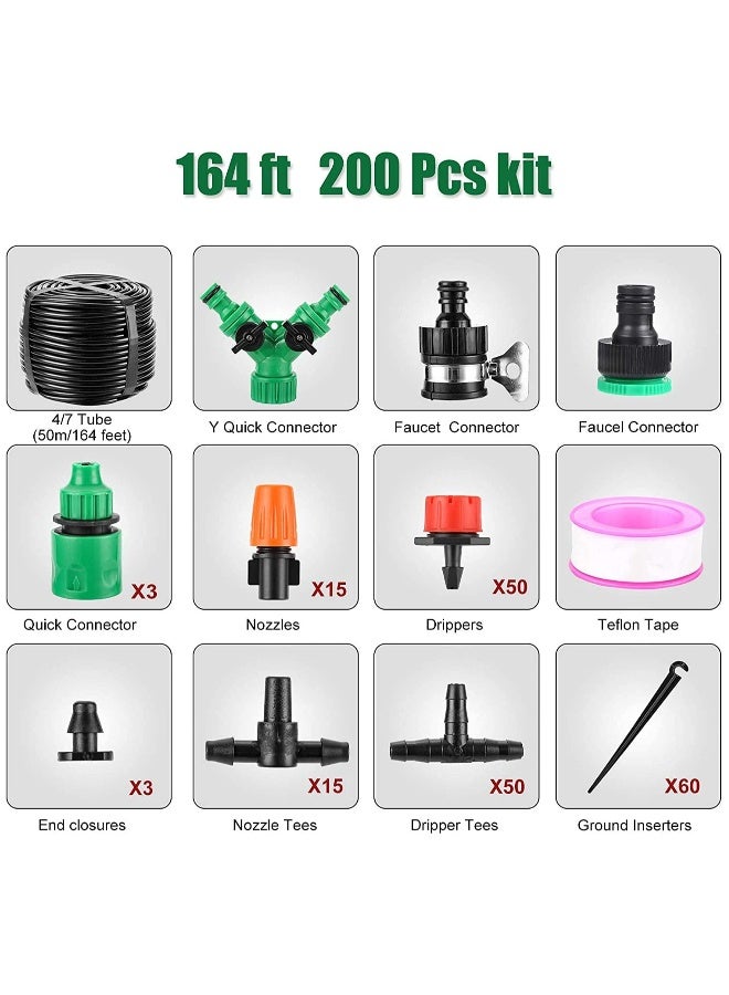 Automatic Garden Irrigation System - 164FT Drip Irrigation Kit with 200 Pack 1/4" Blank Distribution Tubing for Efficient Watering in Gardens, Patios, Greenhouses, Flower Beds, and Lawns.