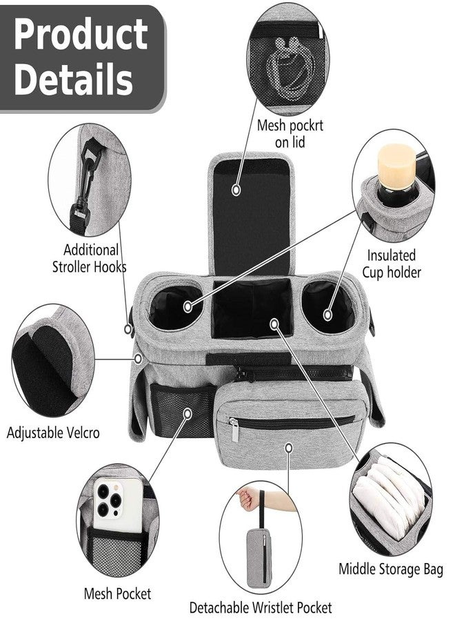 HFLYJPYW Universal Stroller Organizer with Insulated Cup Holder Detachable Phone Bag and Carry Strap Fits Uppababy, Baby Jogger, Britax, BOB, Umbrella and Pet Stroller and more (Light gray) - Image 3