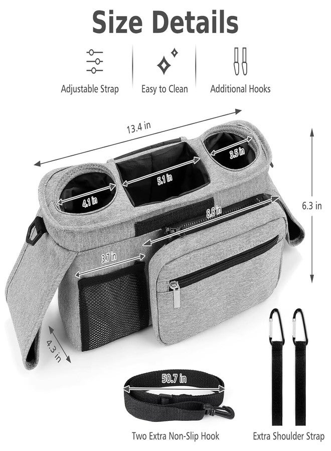 HFLYJPYW Universal Stroller Organizer with Insulated Cup Holder Detachable Phone Bag and Carry Strap Fits Uppababy, Baby Jogger, Britax, BOB, Umbrella and Pet Stroller and more (Light gray) - Image 2