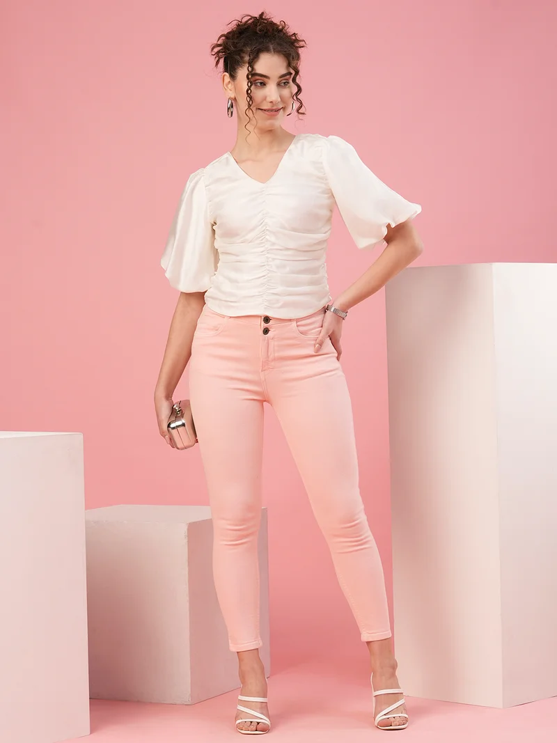 globus Women V-Neck Short Sleeves Flutter Sleeve Crepe Party Top