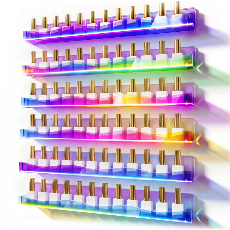 YMVV 15" Nail Polish Rack Wall Mounted Shelf,6 Pack Clear Rainbow Iridescent Acrylic Organizer Nail Supplies for Nail Techs,Great Display for Salons Retailers - Image 1