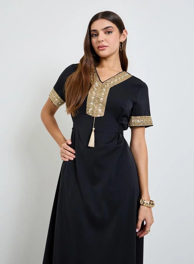 Take Two Black Embroidered A-Line Maxi Dress