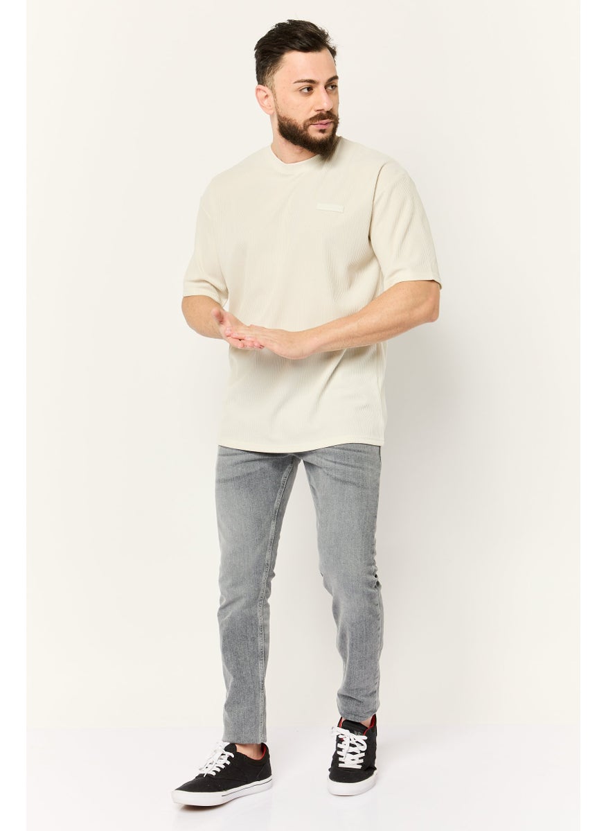 Core Elements Men Crew Neck Short Sleeve Brand Logo T Shirt, Cream  - Image 3