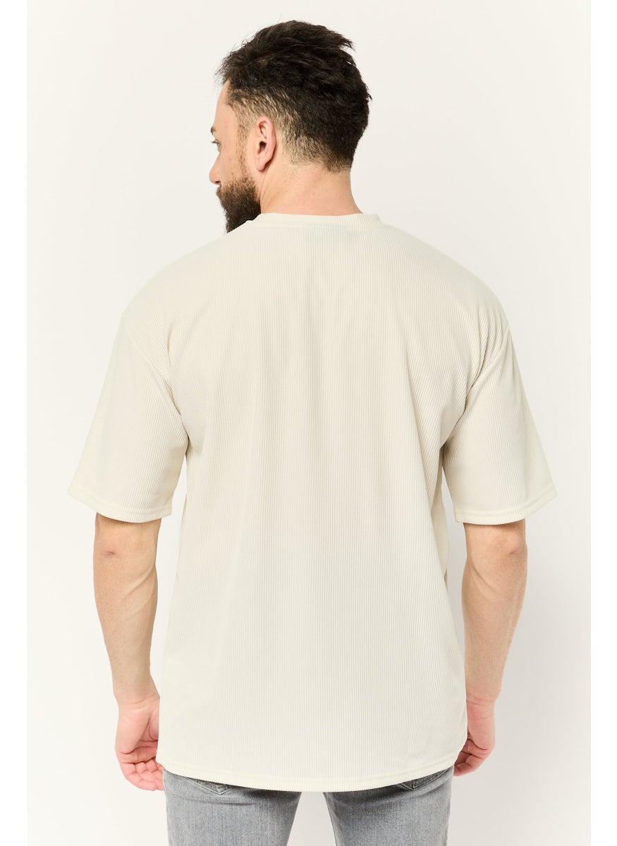 Core Elements Men Crew Neck Short Sleeve Brand Logo T Shirt, Cream  - Image 4