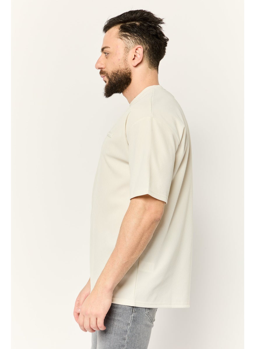 Core Elements Men Crew Neck Short Sleeve Brand Logo T Shirt, Cream  - Image 2