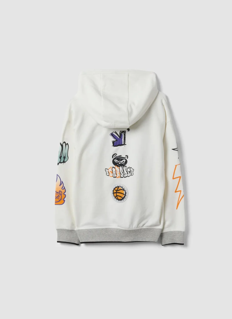 او في اس OVS White Cotton-Blend Hoodie With Graffiti Oversized Fit For Boys