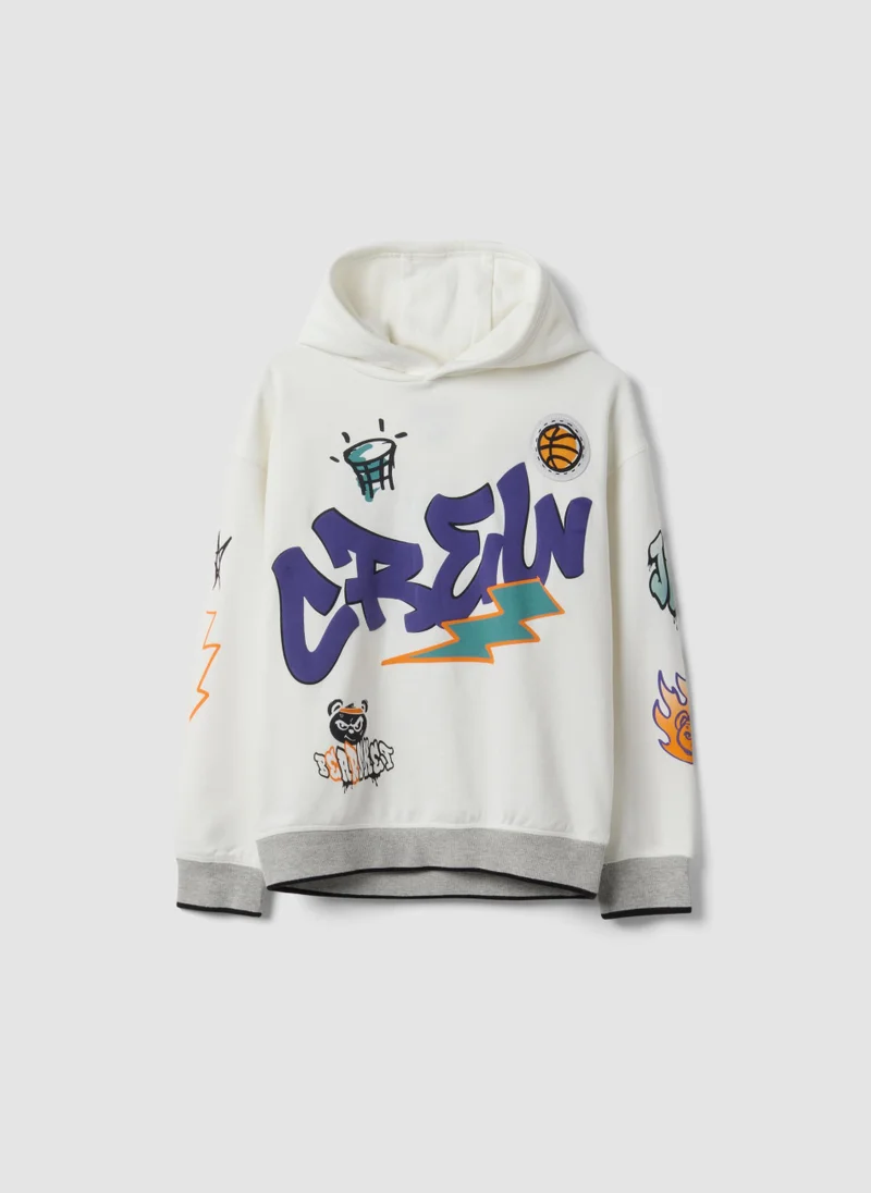 او في اس OVS White Cotton-Blend Hoodie With Graffiti Oversized Fit For Boys