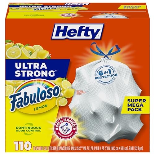 Hefty أكياس قمامة هيفتي فائقة القوة سعة 13 جالون، أكياس قمامة مطبخ طويلة سعة 13 جالون، مقاومة للتسرب والثقوب والتمزق، تحكم مستمر في الروائح، بيضاء، برائحة الليمون الفابولوسو، 110 كيس - Image 1