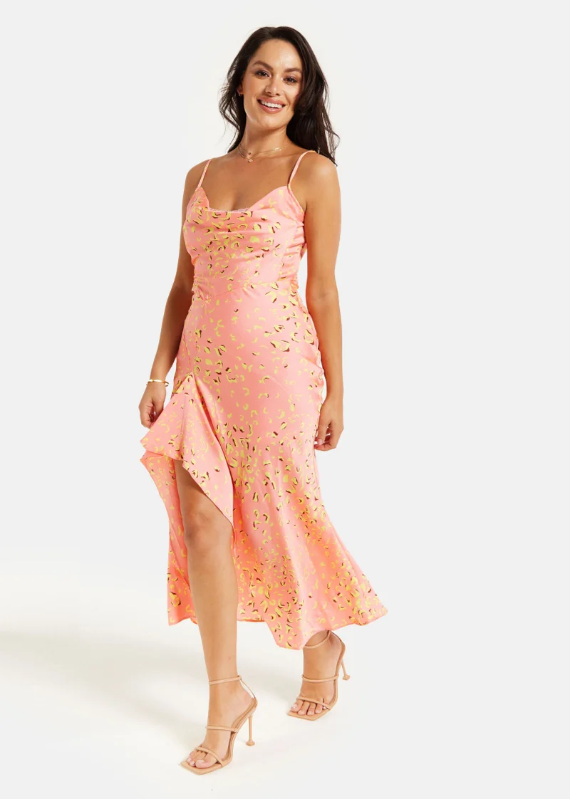 Liquorish Cowl Neck Abstract Print Dress in Peach