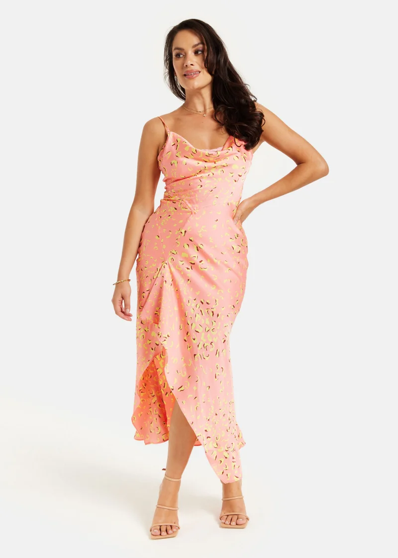 Liquorish Cowl Neck Abstract Print Dress in Peach