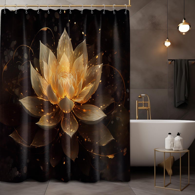QGHOT QGHOT Lotus Shower Curtain  Black and Gold Flower Shower Curtains for Bathroom Decor Spa Zen Spiritual Golden Floral Bath Curtain Set  Waterproof Fabric  70"" W x 96"" L  - Image 2