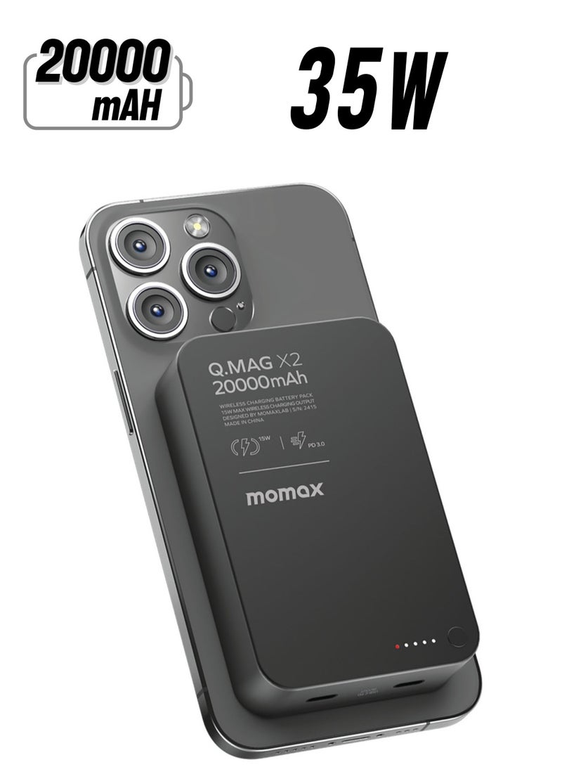 Momax مومكس كيو.ماج X2 20000 مللي أمبير ساعة بطارية لاسلكية مغناطيسية [الجيل الثاني] مخرج USB-C يصل إلى 35 واط PD - أسود - Image 1