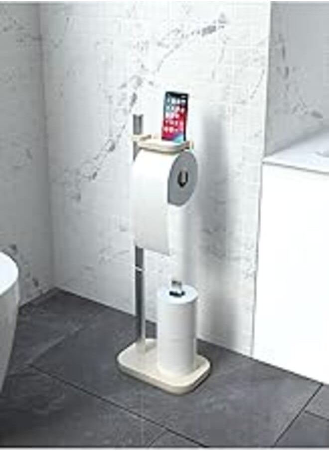 Primanova Primanova Toilet Roll Holder with 2 Spare Rolls Stackable, Made of Plastic and Aluminum, Free Standing with Shelf for Mobile,73 x 25 x 16 cm, Beige 