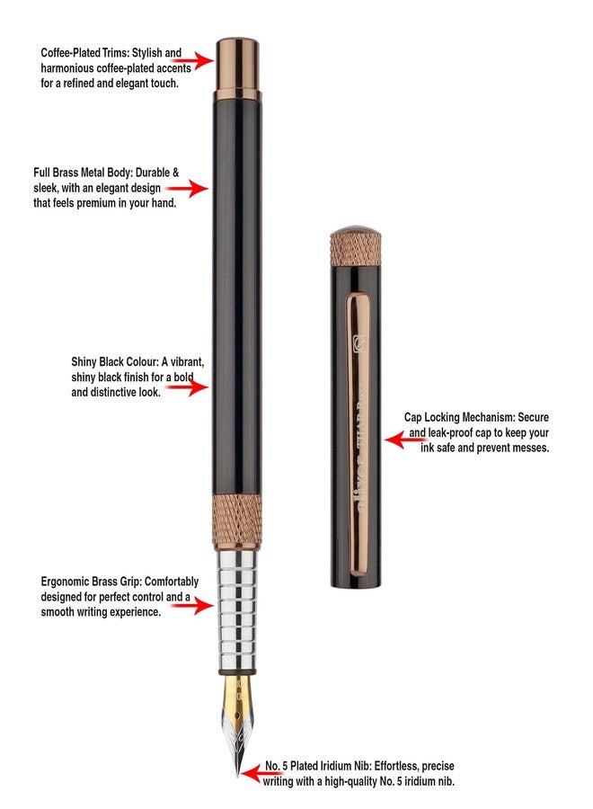 Oliver Thar Roxx Matte & Shine Fountain Pen – Glossy Black/Coffee Trims, Full Brass Body, 0.6mm Cardinal Refill, Gift T Box - Image 3