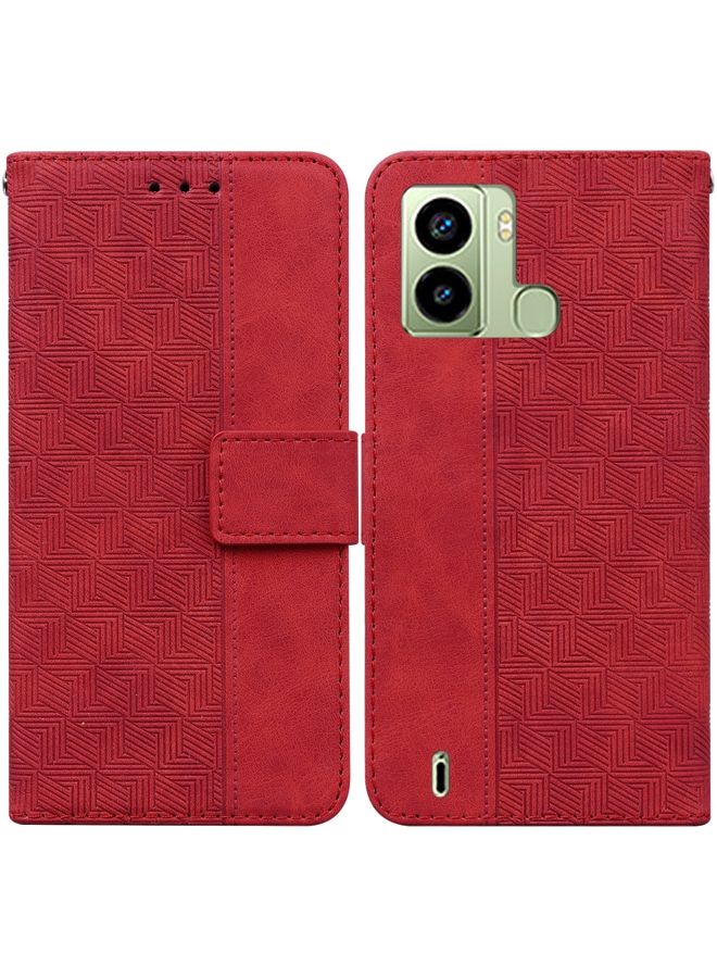 HuHa Screen Protector For Tecno Pop 6 Fingerprint Geometric Embossed Flip Leather Phone Case(Red) 