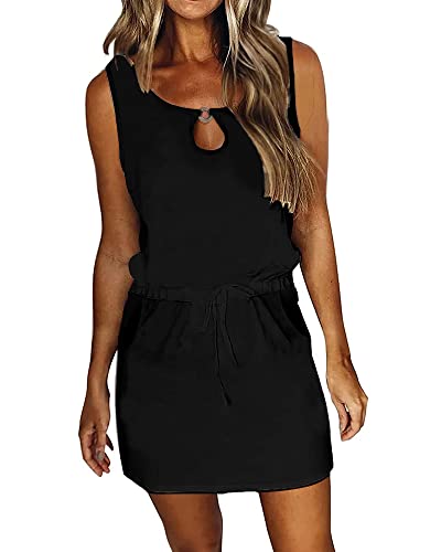 SAUKOLE Women Summer Cover Ups Crew Neck Casual Loose Flowy Swing Sleeveless Dress Beach Dresses Black - Image 4