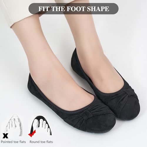 Ecetana Womens Flats Shoes Dressy: Round Toe Bowknot Suede Foldable Comfortable Casual Slip On Ballet Loafers Black - Image 5