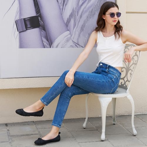 Ecetana Womens Flats Shoes Dressy: Round Toe Bowknot Suede Foldable Comfortable Casual Slip On Ballet Loafers Black - Image 2