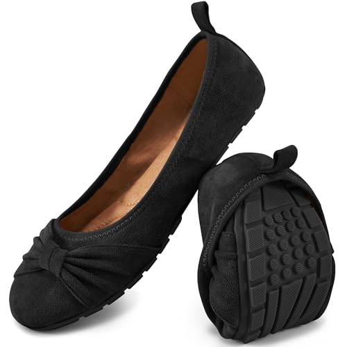 Ecetana Womens Flats Shoes Dressy: Round Toe Bowknot Suede Foldable Comfortable Casual Slip On Ballet Loafers Black - Image 1