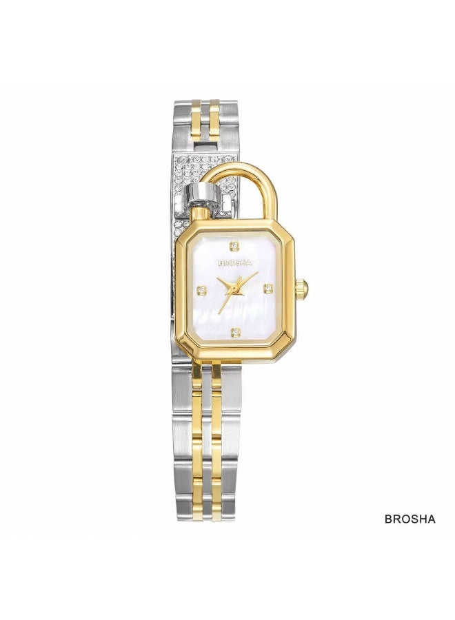 A women's wristwatch from the Brosha brand with a unique lock-shaped design.