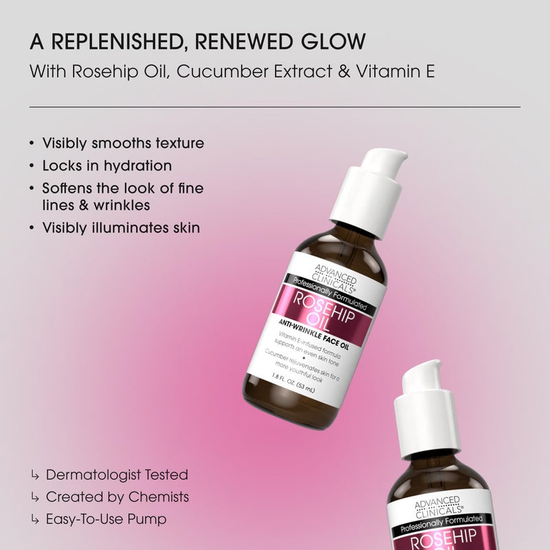 Advanced Clinicals Rosehip Oil For Face With Vitamin E + Botanicals Helps Improve Look Of Dark Spots, Wrinkles, Fine Lines, & Uneven Looking Skin Tone | Moisturizing Skin Care Face Serum, 1.8 Fl Oz - Image 3