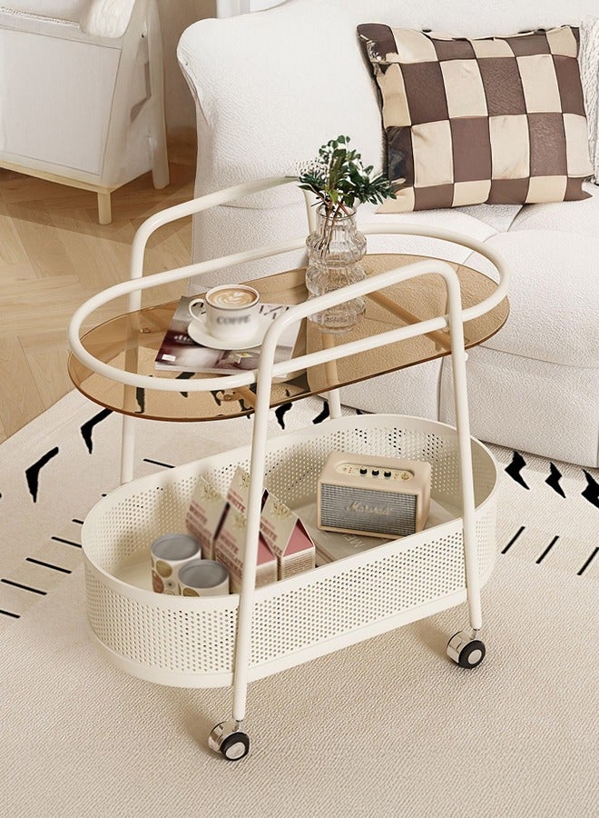 شو وو طاولة جانبية بعجلات دوارة، طاولة بأرفف تخزين، طاولة جانبية لصينية تلفزيون، عجلات دوارة مع فرامل، طاولة جانبية ضيقة للوجبات الخفيفة لغرفة المعيشة وغرفة النوم، لون أبيض. - Image 1