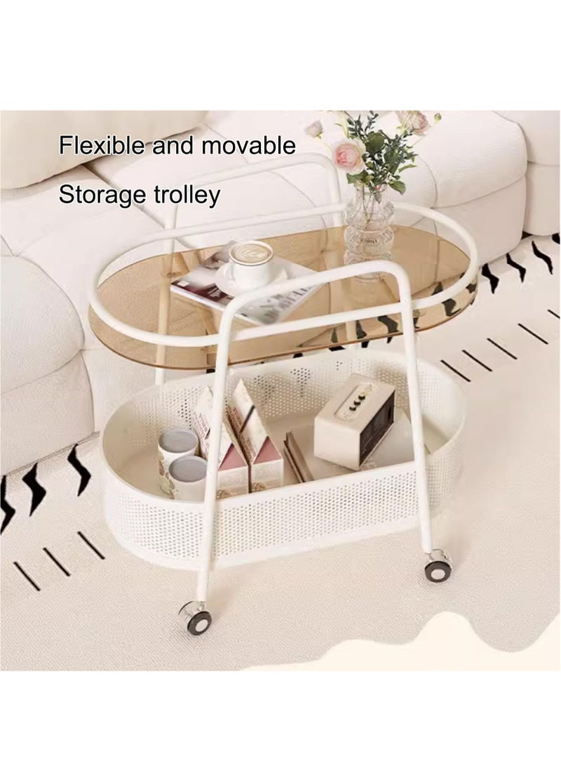 شو وو طاولة جانبية بعجلات دوارة، طاولة بأرفف تخزين، طاولة جانبية لصينية تلفزيون، عجلات دوارة مع فرامل، طاولة جانبية ضيقة للوجبات الخفيفة لغرفة المعيشة وغرفة النوم، لون أبيض. - Image 2