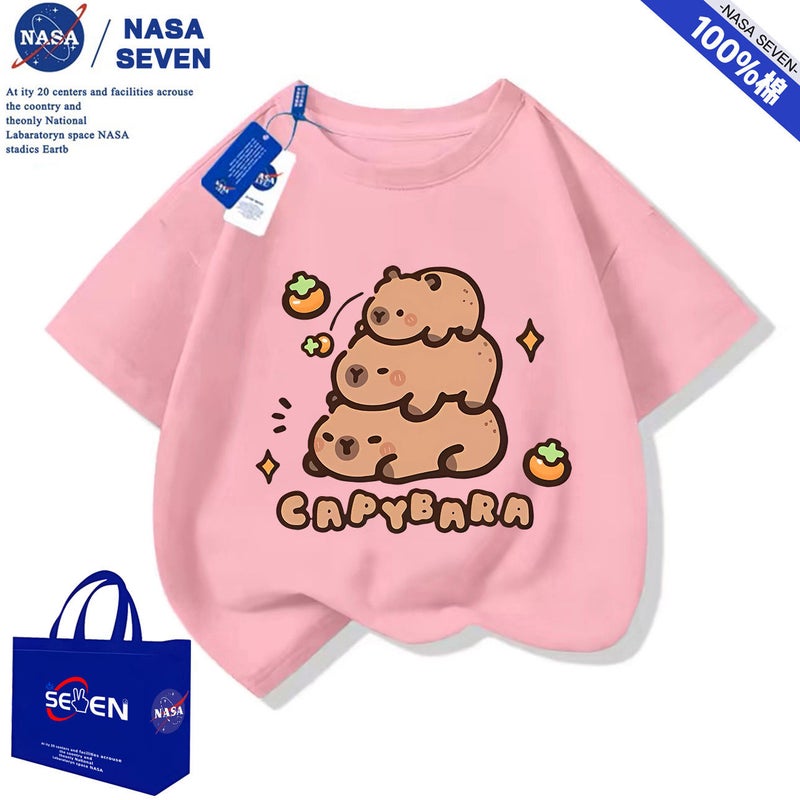 Nasa Summer Capybara Pure Cotton T-Shirt for Boys and Girls Cartoon Capybara Short-Sleeved Style Medium and Large Children's Tops - Image 2