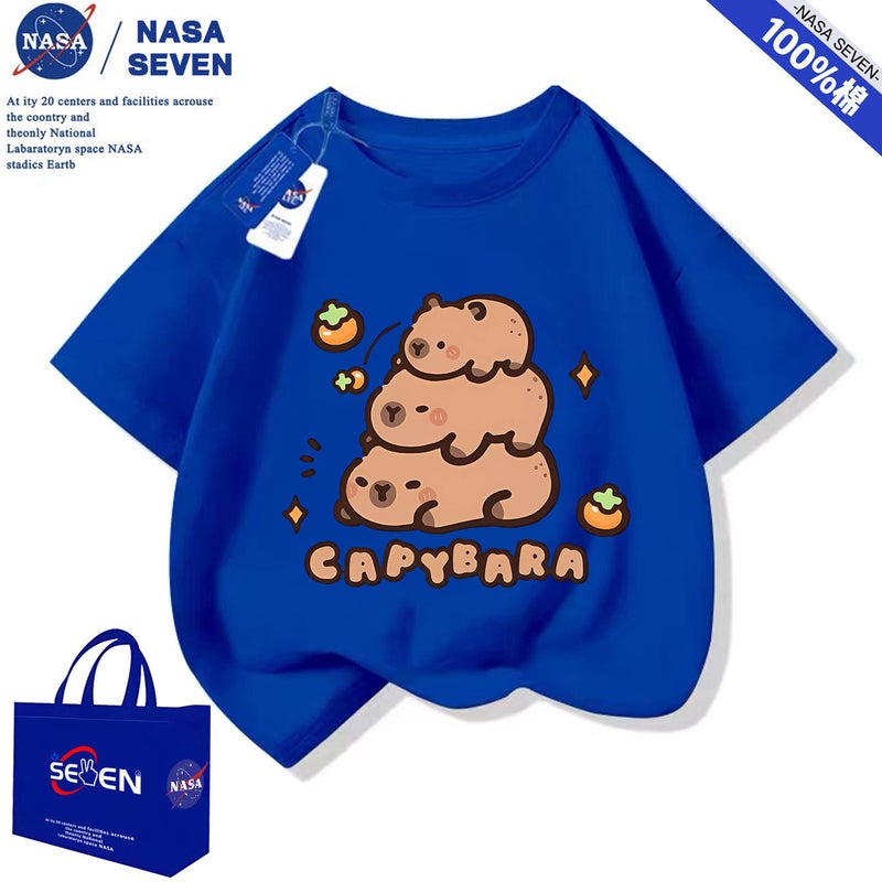 Nasa Summer Capybara Pure Cotton T-Shirt for Boys and Girls Cartoon Capybara Short-Sleeved Style Medium and Large Children's Tops - Image 5